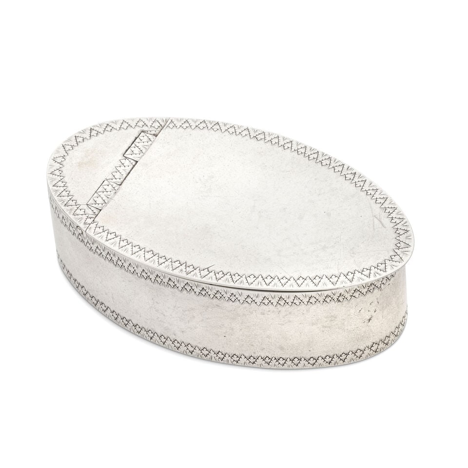 An Irish George III silver snuff box James Keating, Dublin 1783 together with a Victorian silver...: An Irish George III silver snuff box possibly by James Kennedy, Dublin 1783 Navette form, the cover flush-hinged to one side, the whole plain polished with simple zig-zag engraving to the borders, len
