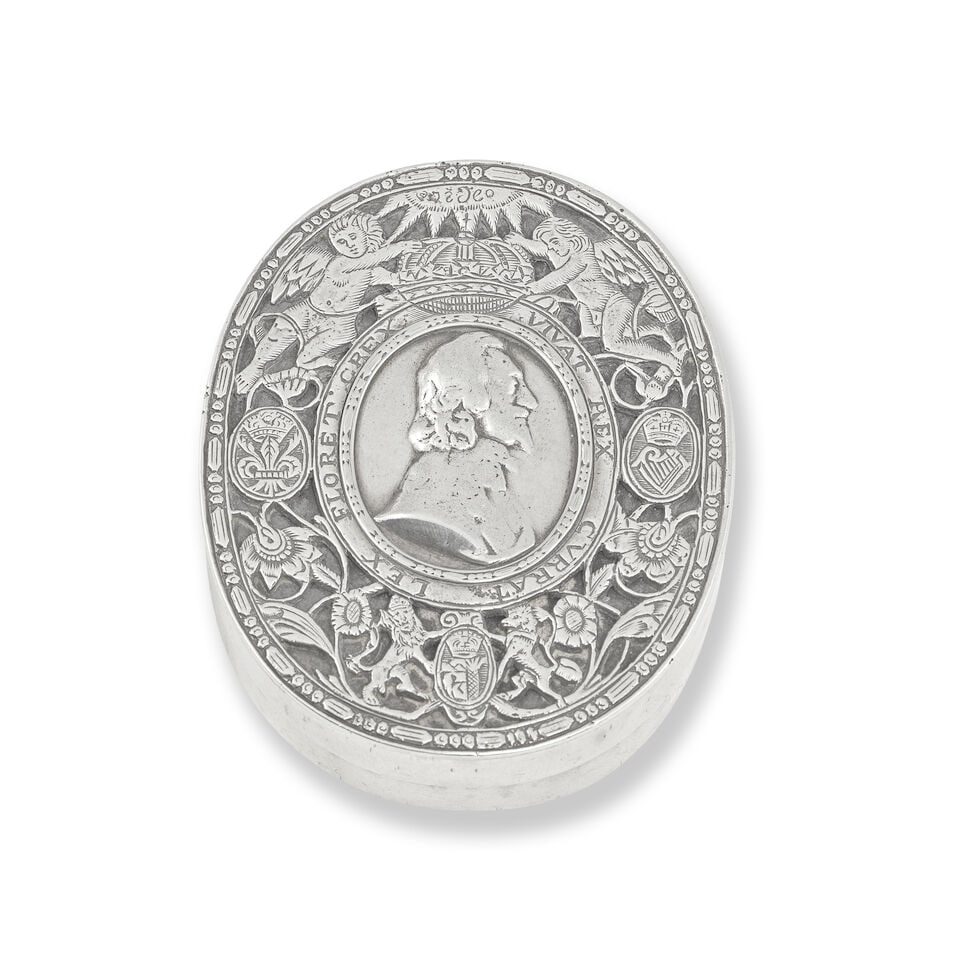 A Charles II silver tobacco box apparently unmarked, circa 1675: A Charles II silver tobacco box apparently unmarked, circa 1675 Plain oval, the cover applied with an openwork plaque chased in the centre with a portrait bust of Charles I facing right, within plain 