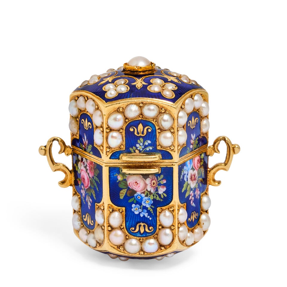 A 19th century Swiss gold, enamel and pearl set pendant vinaigrette apparently unmarked,: A 19th century Swiss gold, enamel and pearl set pendant vinaigrette apparently unmarked, Hexagonal with two scrolling suspension loops, with enamelled floral garlands to a blue enamelled ground, borde