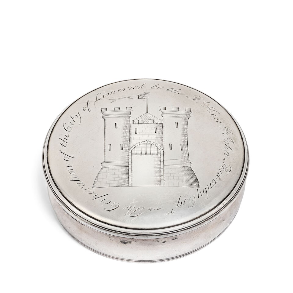 A George II provincial Irish silver freedom box Joseph Jones, Limerick, circa 1755, maker's mark... (1 of 2)