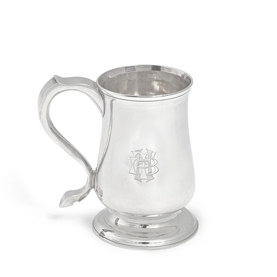 A George III provincial silver mug John Langlands I & John Robertson I, Newcastle 1784: A George III provincial silver mug John Langlands I & John Robertson I, Newcastle 1784 Baluster form on a spreading circular foot, engraved initials to handle 'P T*S' and later monogram engraved to th
