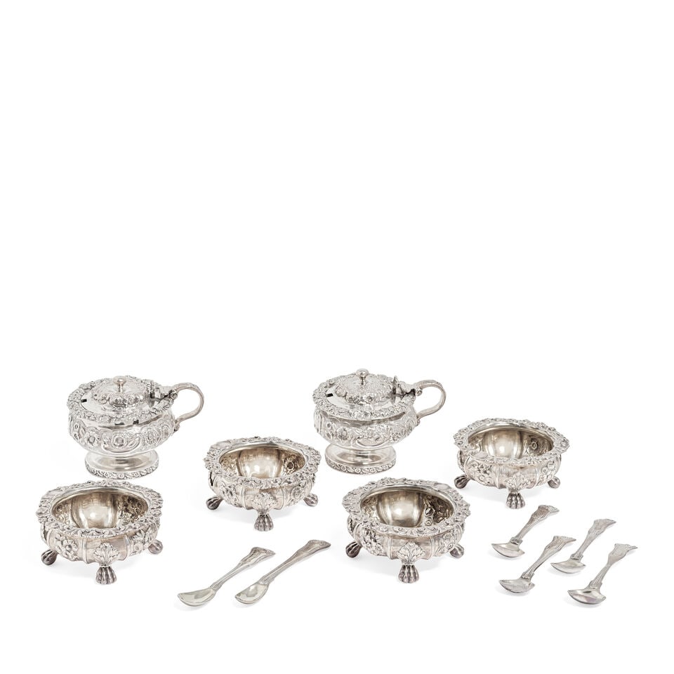 A George IV matched condiment set, with a pair of mustard pots and a set of four salts mustard ...: A George IV matched condiment set, with a pair of mustard pots and a set of four salts mustard pots Abstinando King, London 1823, salts Rebecca Emes & Edward Barnard, London 1826 Mustard pot, profusel
