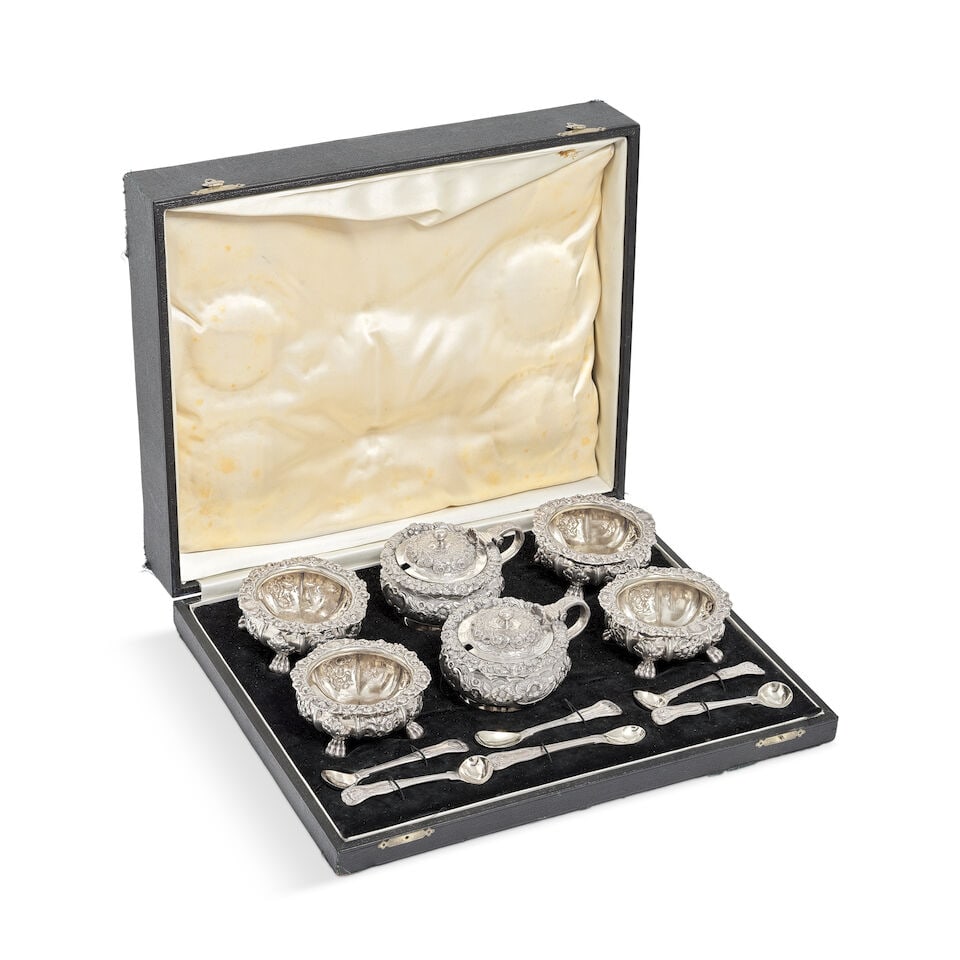 A George IV matched condiment set, with a pair of mustard pots and a set of four salts mustard ... - 2