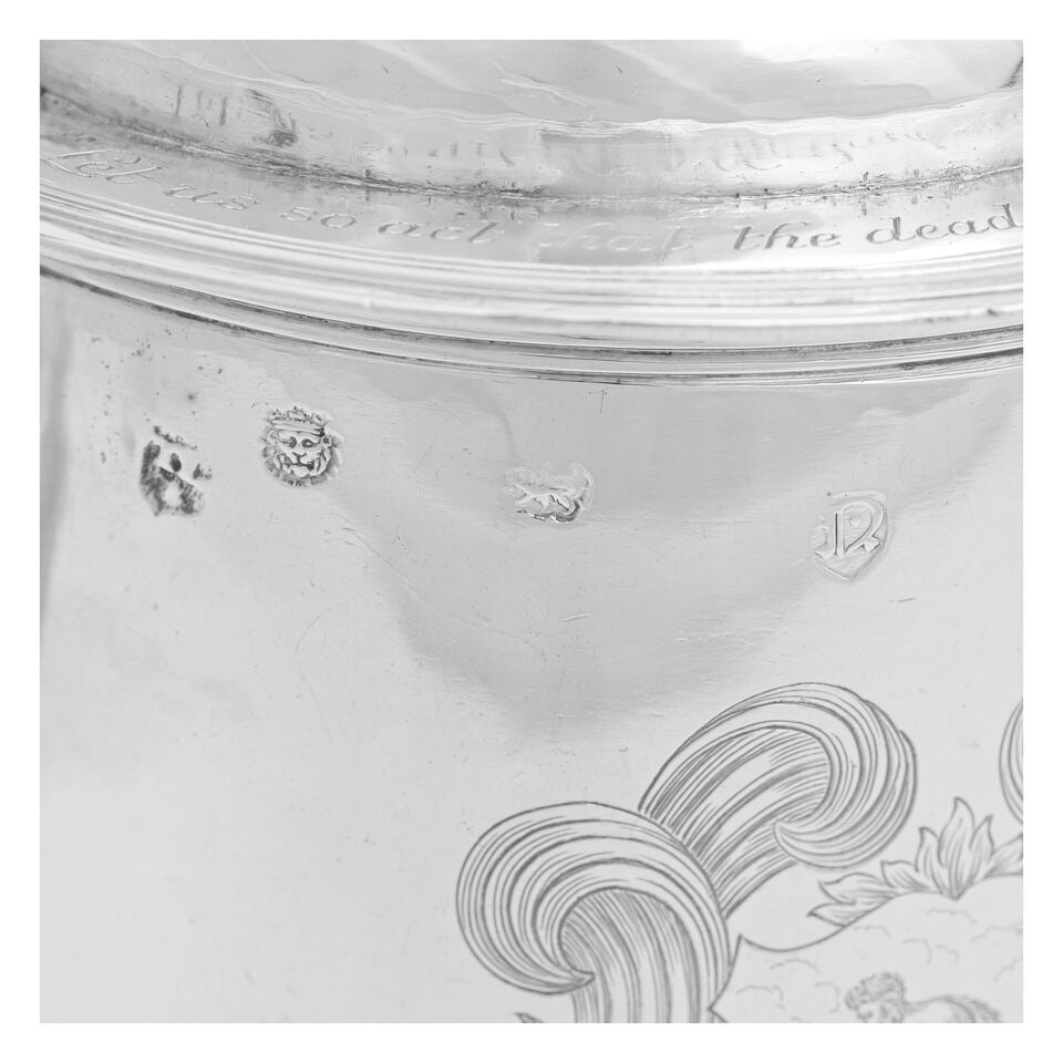 A Charles II silver lidded tankard maker's mark TL with device below, London 1670 - 2