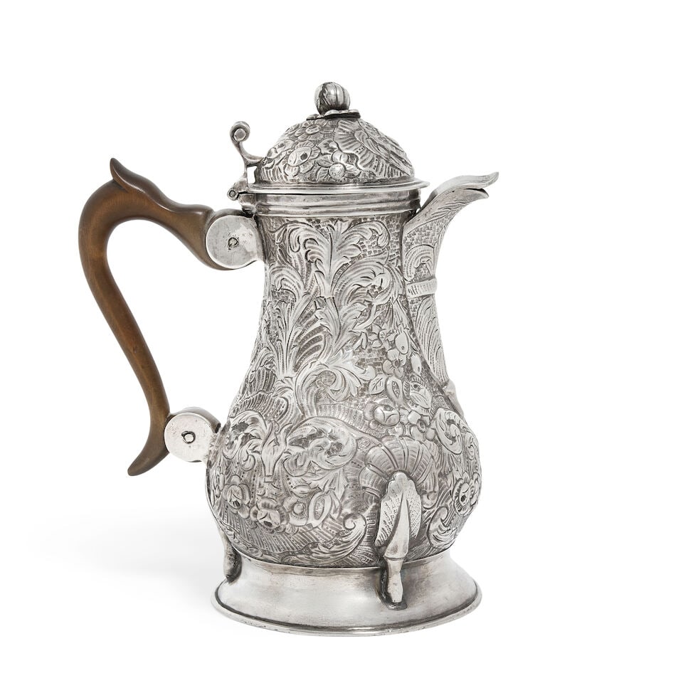 A Maltese silver coffee pot stamped with maker's mark underside of base 'GM' in a rectangular pu...: A Maltese silver coffee pot stamped with maker's mark underside of base 'GM' in a rectangular punch Guiseppe Maniscalco Di Andrea, rim of body with crowned M and crowned lozenge (mascle), circa 1780, 