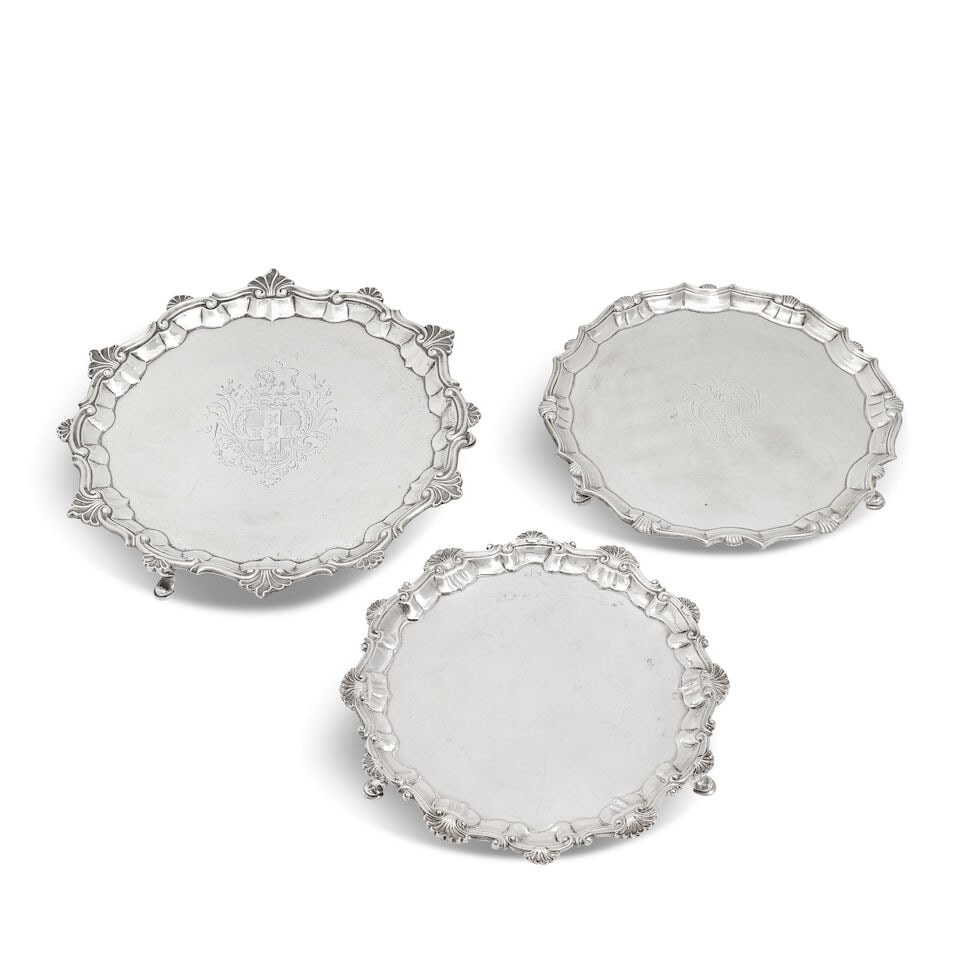 Three George II / III silver shaped-circular salvers first William Peaston, London, 1747; secon... - 2