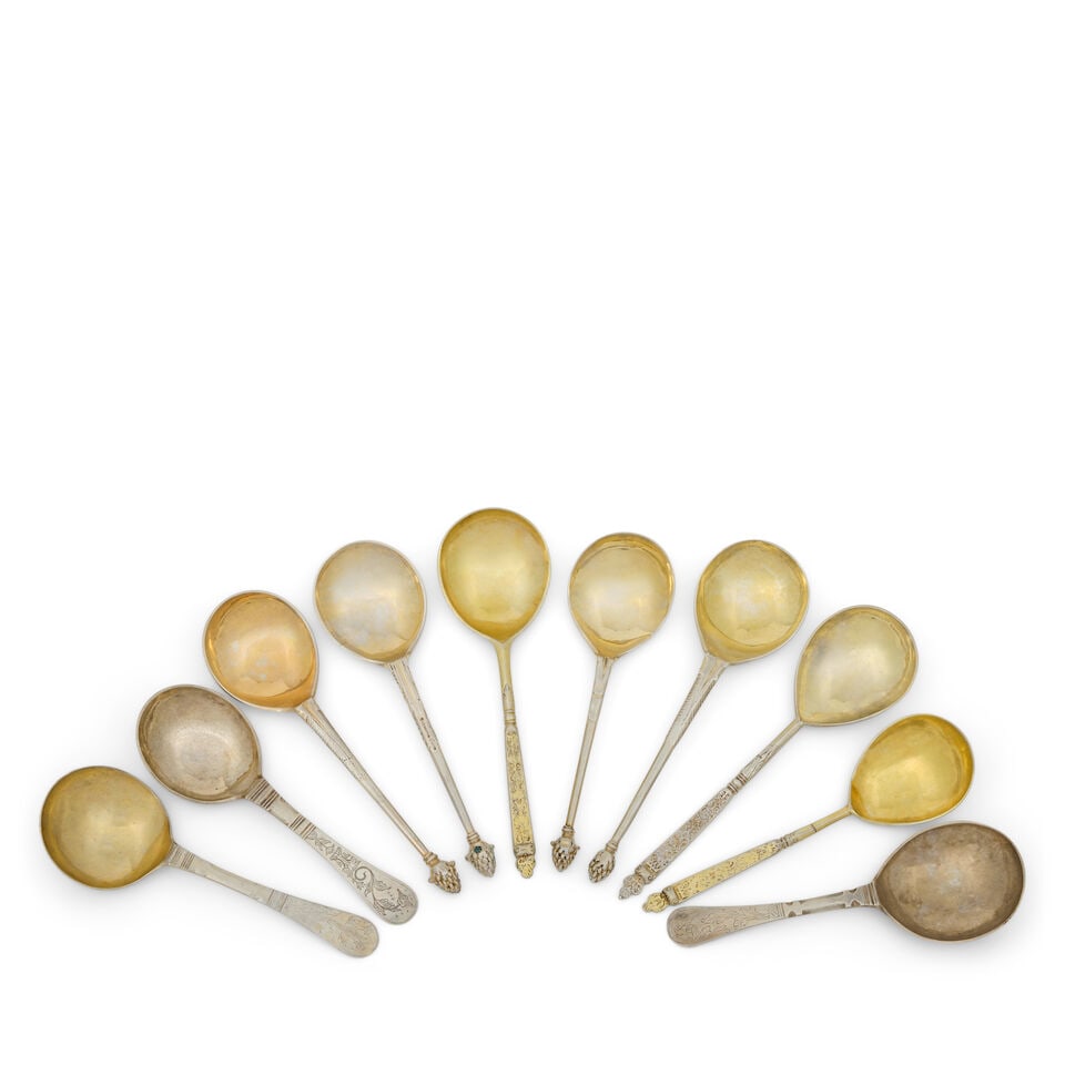 A collection of European spoons (10): A collection of European spoons Comprising: a 17th century Norwegian spoon, Lucas Andersen Steen, Bergen, 'berry' finial, tapering stem with grooved acanthus lower stem, reverse of bowl engraved 'IPS 