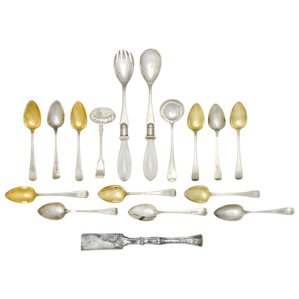 A collection of silver flatware various maker's and dates (Qty): A collection of silver flatware various maker's and dates Comprising: twelve George III silver-gilt dessert spoons, six Thomas Dicks, London 1806, six Thomas Wallis (II) & Jonathan Hayne, London 1819;