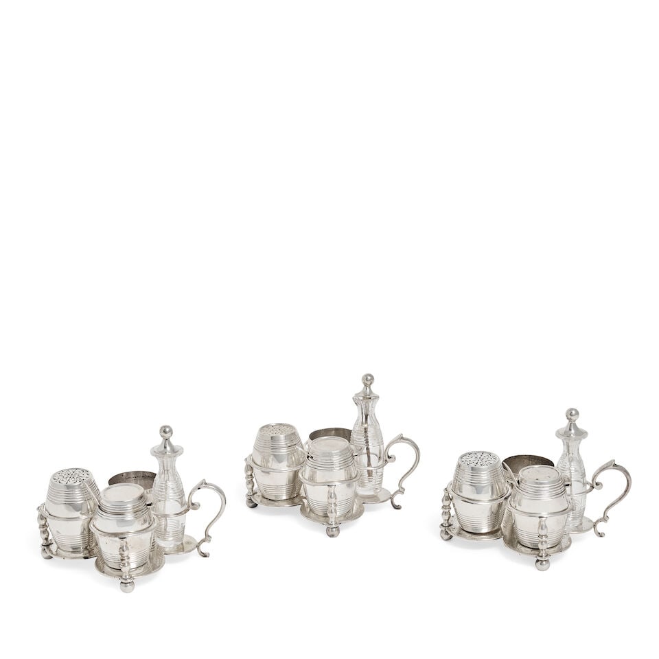 Three Victorian silver barrel condiments one set Frederick Sibray & Job Frank Hall (Sibray, Hall...: Three Victorian silver barrel condiments one set Frederick Sibray & Job Frank Hall (Sibray, Hall & Co), London 1889, the other two Job Frank Hall (Sibray, Hall & Co), Sheffield 1895 Trefoil shaped fra