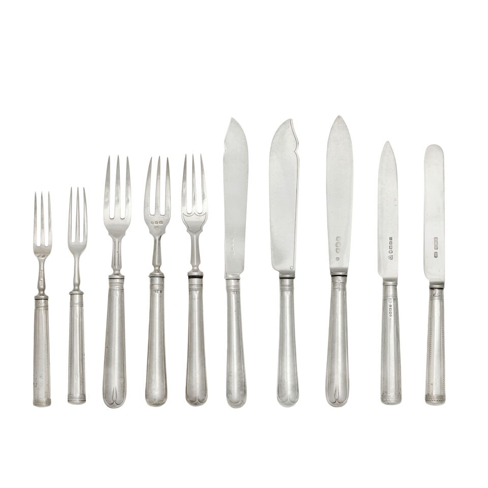 A silver dessert / fruit service Harrison Brothers & Howson, Sheffield 1908 - 1919 together with...: A silver dessert / fruit service Harrison Brothers & Howson, Sheffield 1908 - 1919 Handles, tapering oval form with zig-zag and ribbed bands, with loaded silver handles, silver tines and blades, compr