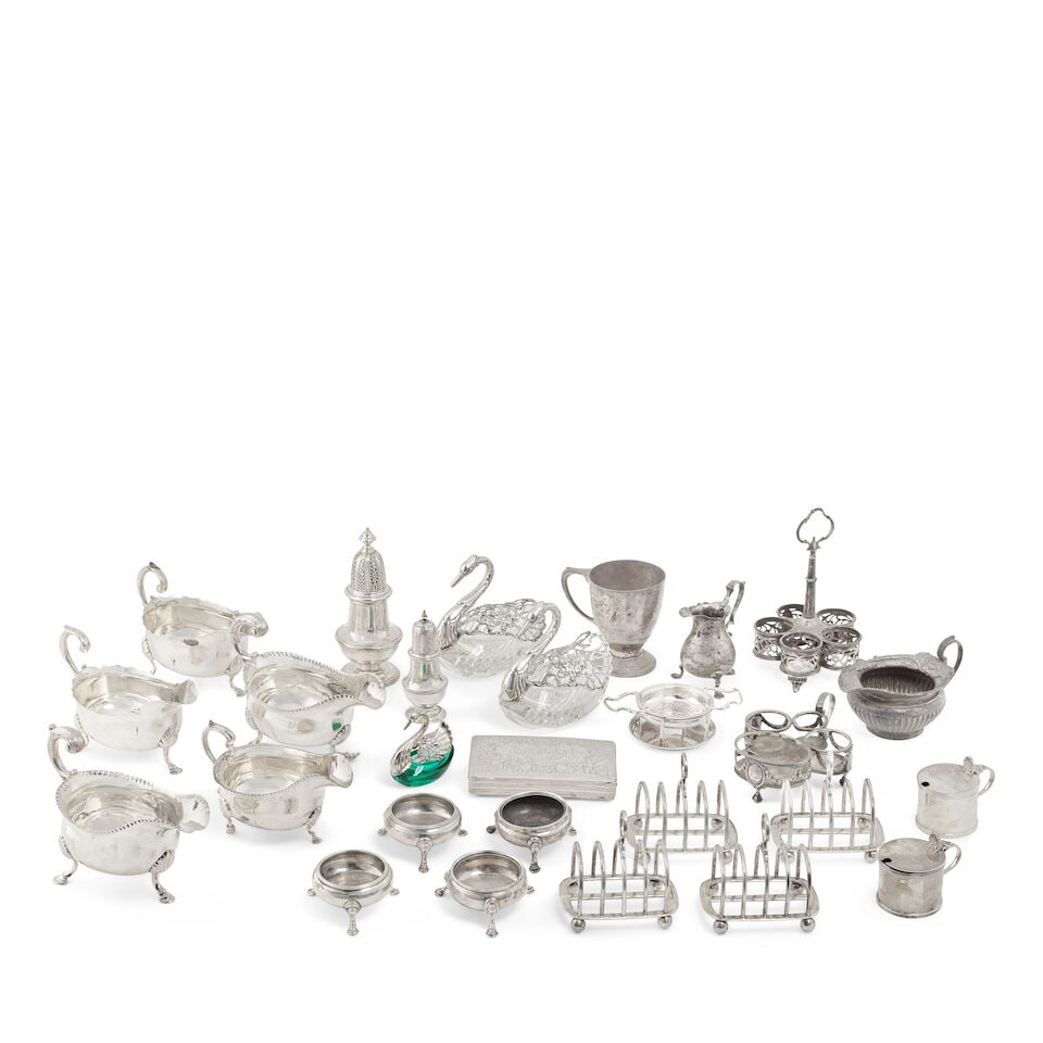 A large collection of silver dining items and other items various maker's and dates (Qty): A large collection of silver dining items and other items various maker's and dates Comprising: a pair of George III silver sauceboats, William Skeen, London 1764, oval bellied form with gadroon punch