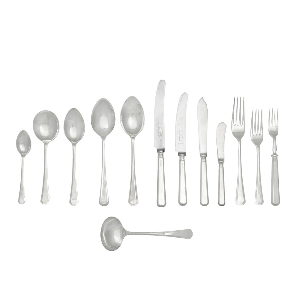 A silver Grecian pattern silver table service of flatware and cutlery Gee & Holmes, Sheffield 1...: A silver Grecian pattern silver table service of flatware and cutlery Gee & Holmes, Sheffield 1985 / 1988 / 1990 Placings for twelve, comprising: table forks, soup spoons, twenty-four dessert forks, d