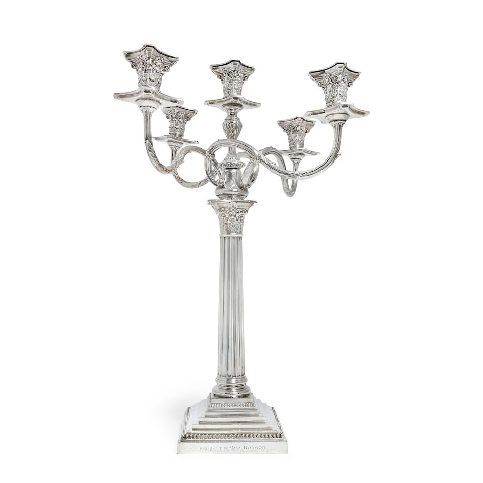 A silver five-light corinthian column candelabrum column William Gibson & John Lawrence Langman,... (1 of 2)