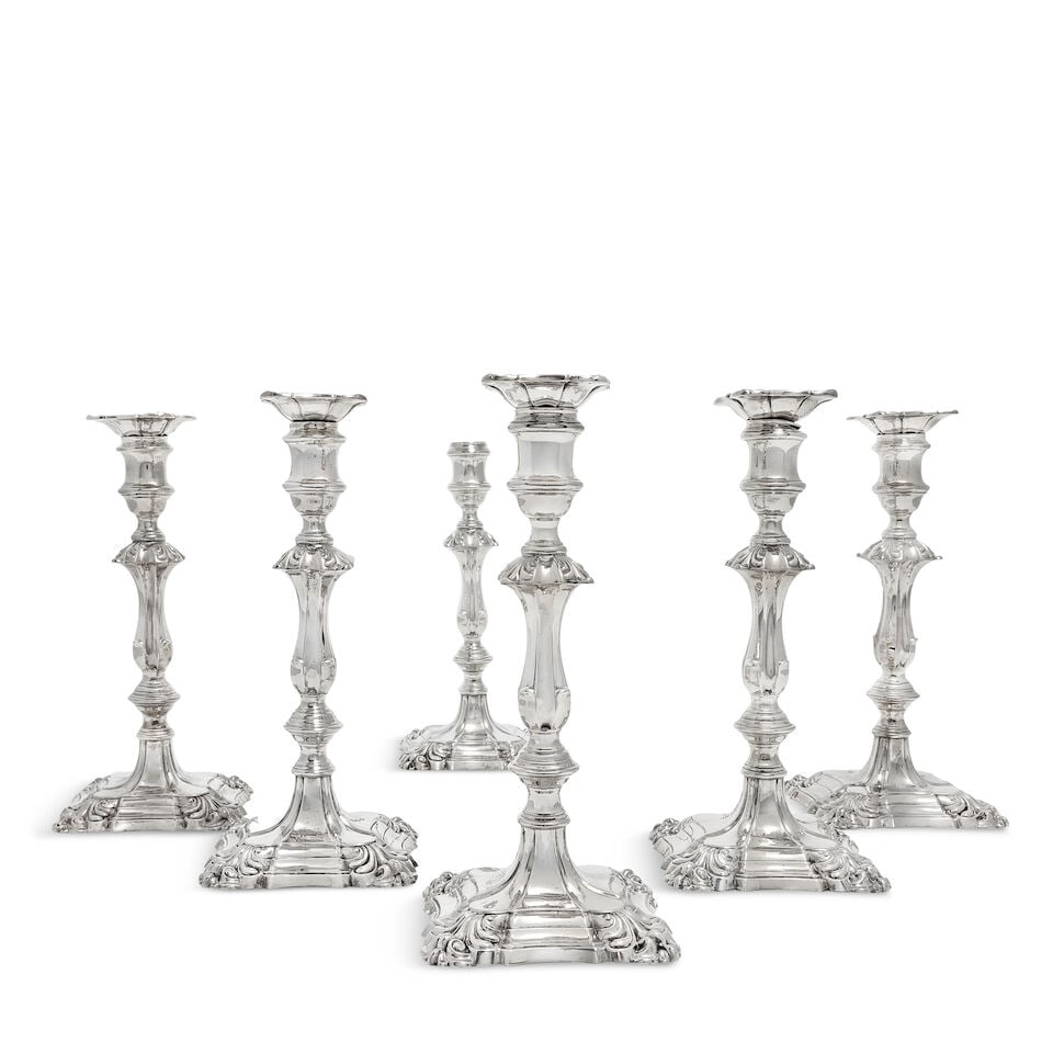 A Victorian matched set of six silver candlesticks, in the 18th century manner Thomas Bradbury ... (1 of 2)