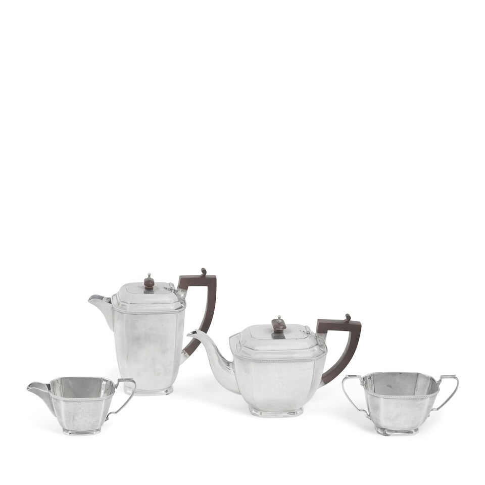 A silver four-piece tea and coffee service Richard Richardson, Sheffield 1930: A silver four-piece tea and coffee service Richard Richardson, Sheffield 1930 In the Art Deco style, with plain tapering flat sided form, with ribbon and bead ed detailing to rims, the pots with woode