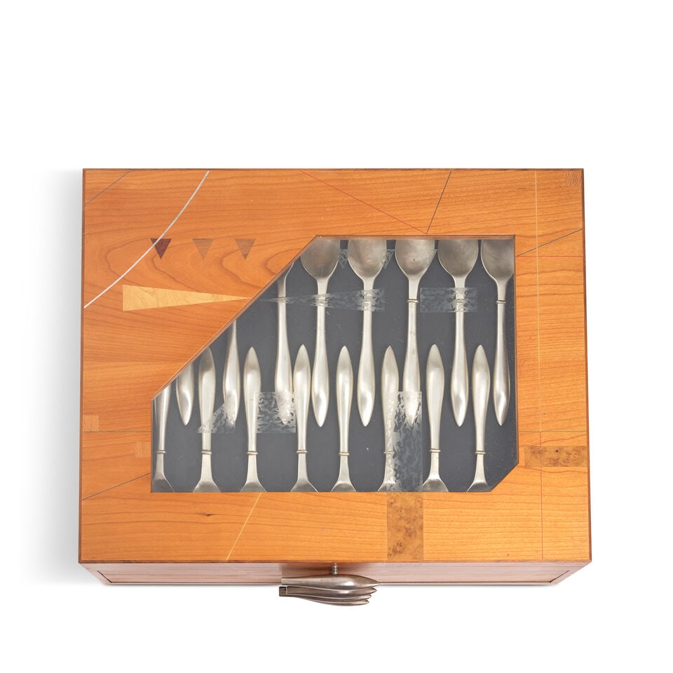 A modern design silver table service of flatware and cutlery in a bespoke designed wood canteen... - 7