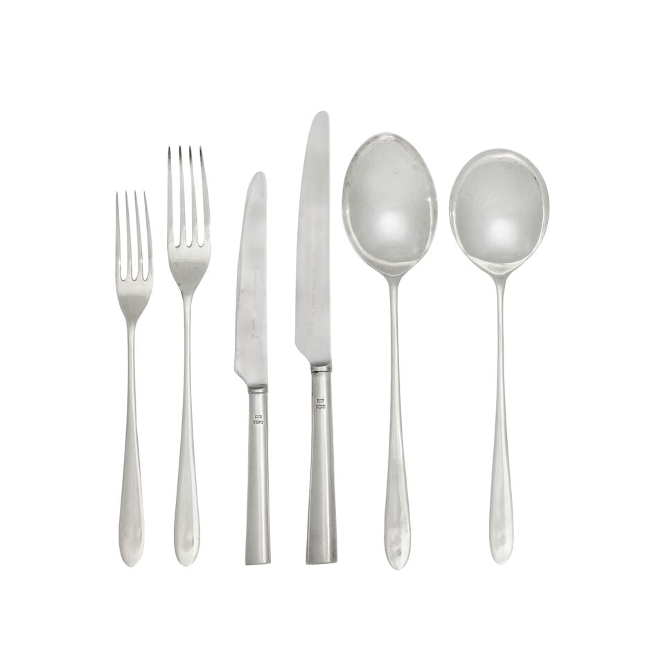 DESIGNED BY DAVID MELLOR: A modern silver 'Pride' pattern table service of flatware and cutlery ...: DESIGNED BY DAVID MELLOR: A modern silver 'Pride' pattern table service of flatware and cutlery Walker & Hall, Sheffield 1963 and 1965 Comprising: eight table forks, with two additional plated forks, 