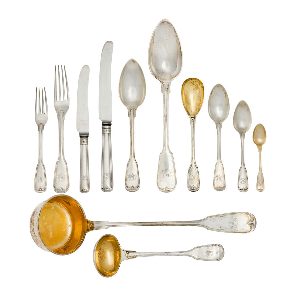 A cased German silver Fiddle and Thread pattern table service of flatware and cutlery Gebruder ...: A cased German silver Fiddle and Thread pattern table service of flatware and cutlery Gebruder Friedlander, also stamped 750 With engraved script initials, comprising: eighteen table forks, eighteen t