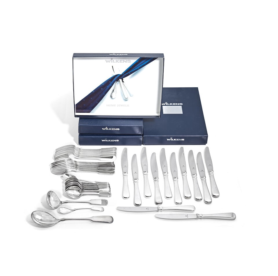 A modern German silver table service of flatware and cutlery Wilkens, also stamped STERLING, 925...: A modern German silver table service of flatware and cutlery Wilkens, also stamped STERLING, 925 crown and crescent mark Plain polished Fiddle pattern, comprising: twelve table forks, eight table spoo