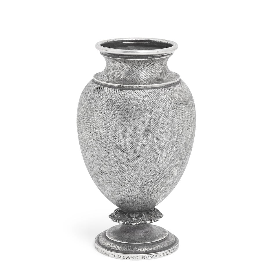 BUCCELLATI: An Italian silver vase Mario Buccellati, Milan, post 1970 period mark, also stamped ...: BUCCELLATI: An Italian silver vase Mario Buccellati, Milan, post 1970 period mark, also stamped incuse stamped 800 Baluster form, with matted surface throughout, raised on foliate stem on stepped spre