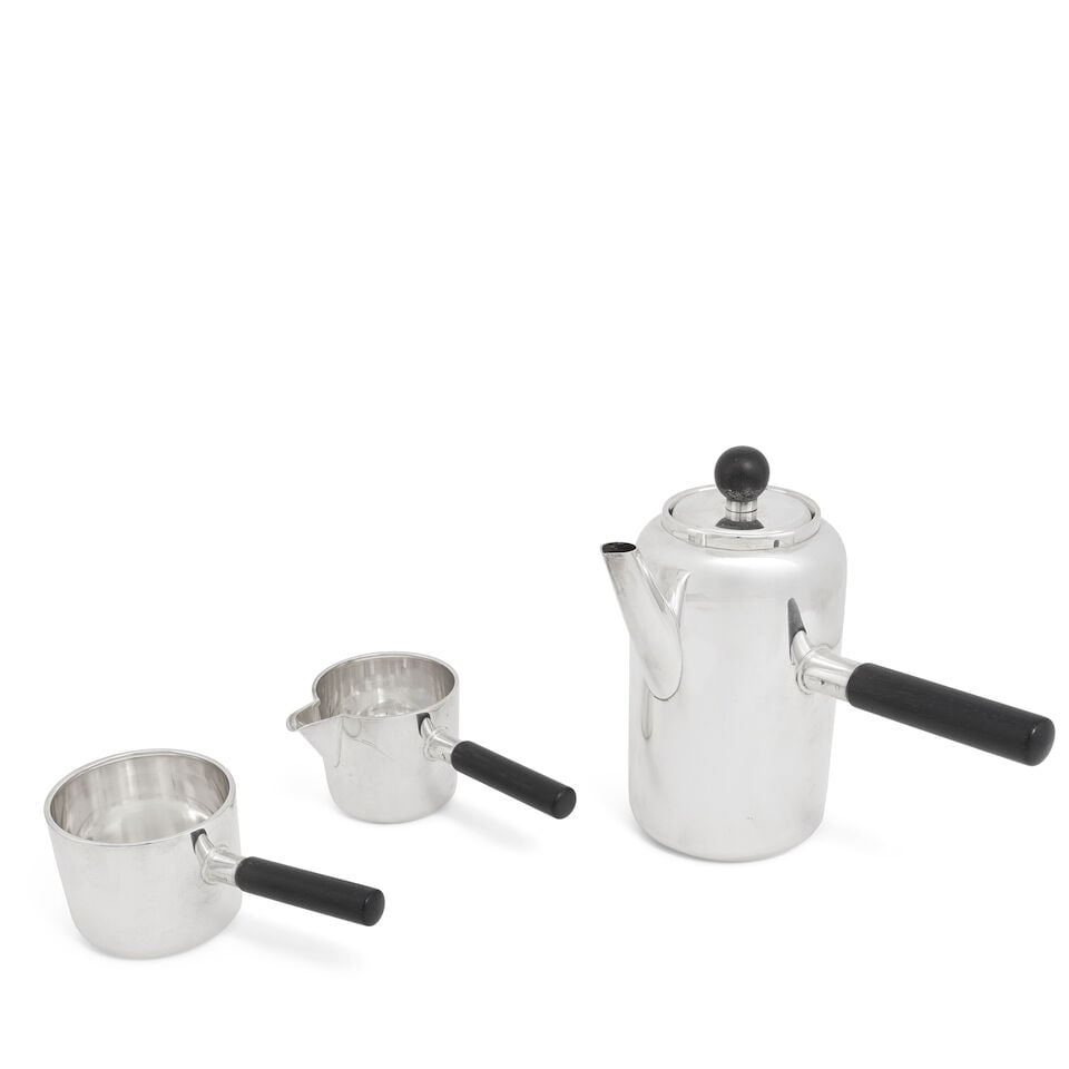 KAY BOJESEN: A Danish modern silver three-piece coffee service Kay Bojesen, also stamped DENMARK...: KAY BOJESEN: A Danish modern silver three-piece coffee service Kay Bojesen, also stamped DENMARK, 925S Plain polished cylindrical form with rounded shoulders, the coffee pot with removable cover, ebon