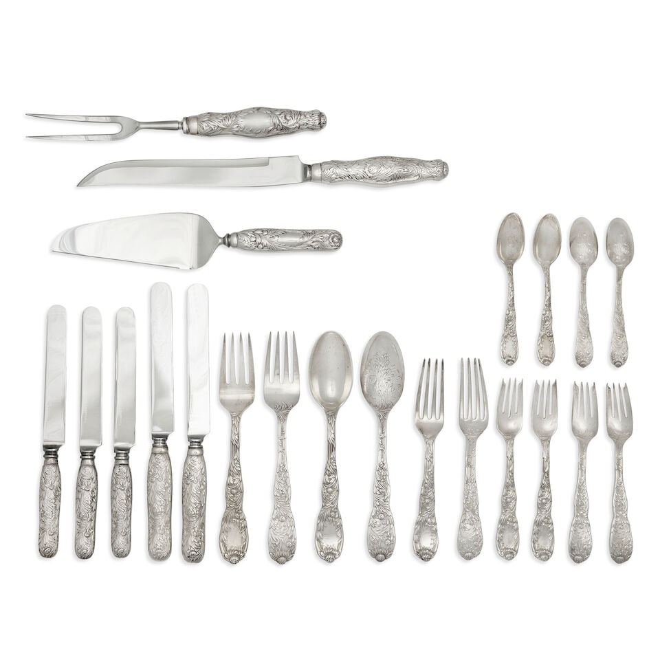 TIFFANY: An American silver twenty-two piece Chrysanthemum pattern flatware service stamped TIFF... (1 of 1)