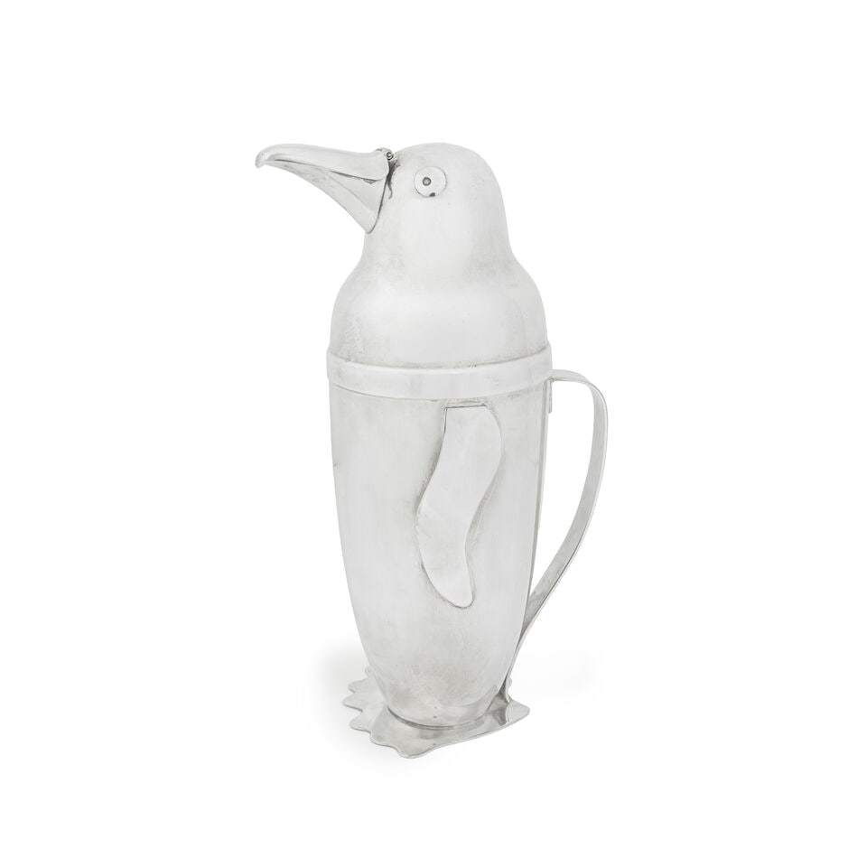 A silver-plated novelty 'penguin' cocktail shaker stamped NAPIER, PAT D-101559, circa 1936 (1 of 2)