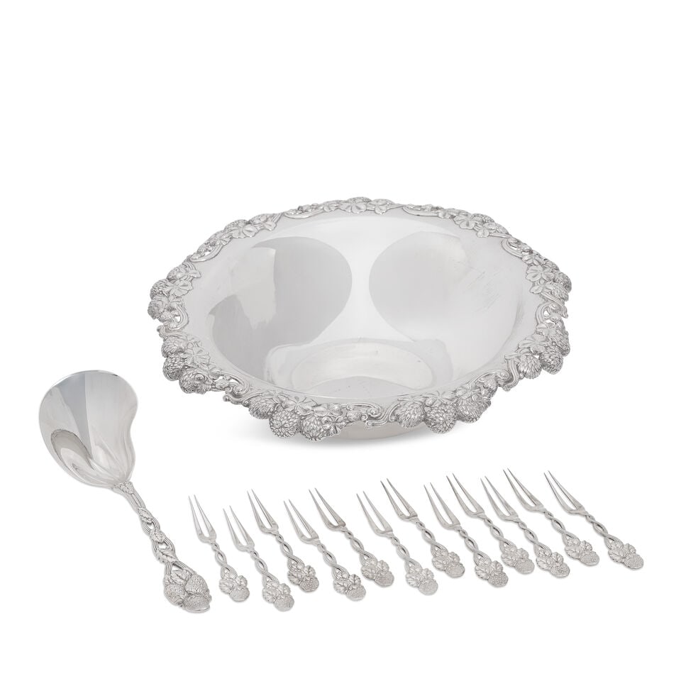 TIFFANY: An American silver bowl, with 'strawberry' serving spoon and twelve small forks Bowl, s...: TIFFANY: An American silver bowl, with 'strawberry' serving spoon and twelve small forks Bowl, stamped TIFFANY & Co, 1902 - 1907 period marks under Charles T Cook, with pattern and order numbers 13780