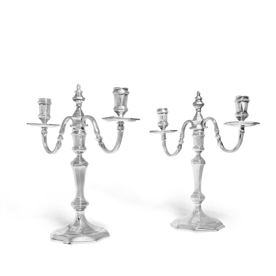 A pair of cast Britannia standard silver two-light candelabra in the 18th century style Arthur M... (1 of 1)