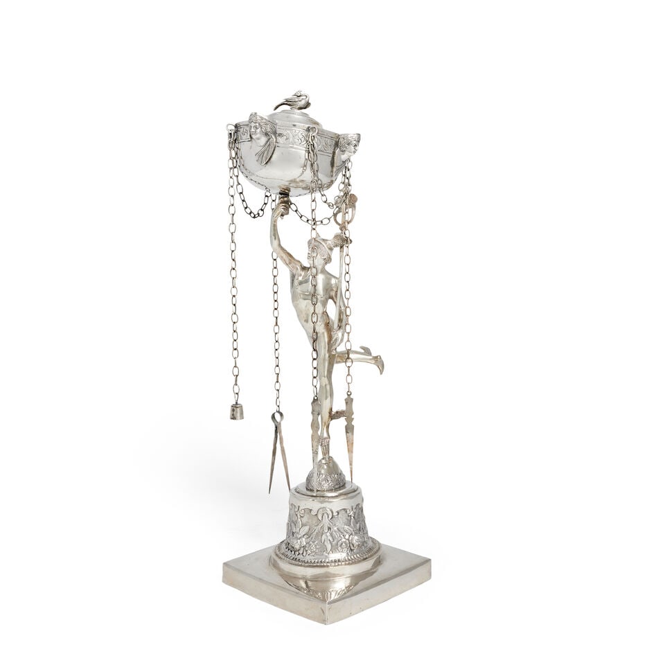 A 19th century Italian silver and metal lampadas Naples,: A 19th century Italian silver and metal lampadas Naples, The plated metal figure of Mercury after Giambologna holding aloft the detachable oil reserve with four protruding classical female mask head l