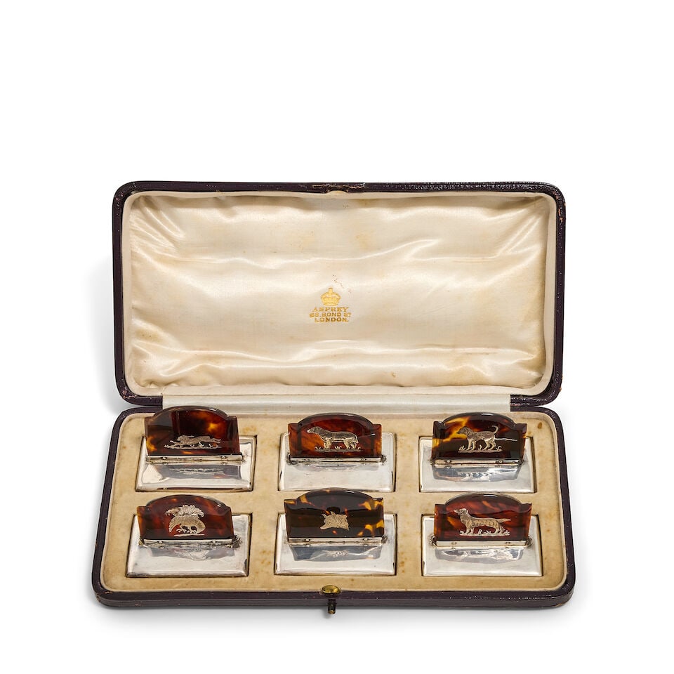 A cased set of six silver and tortoiseshell place markers / menu holders J Batson & Son, London ... (1 of 4)