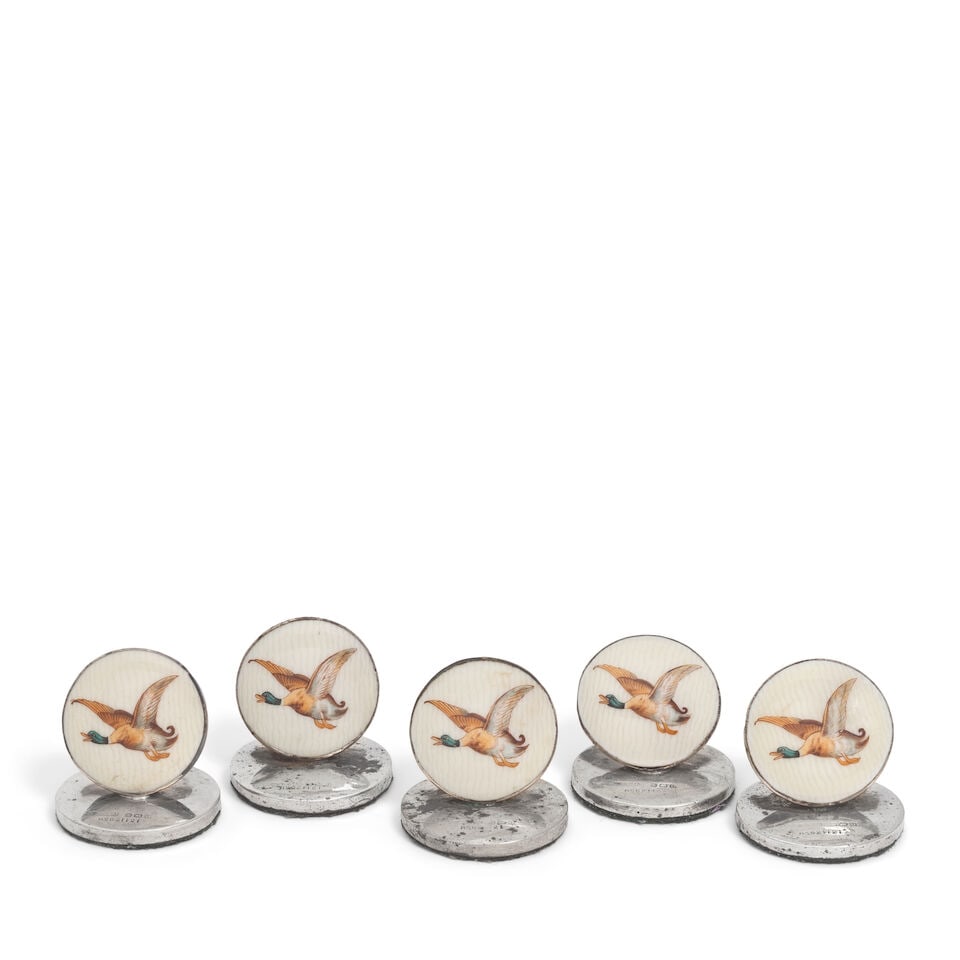 A set of five silver and enamel place holders probably Patterson & Sons Ltd, Birmingham 1913 (1 of 2)