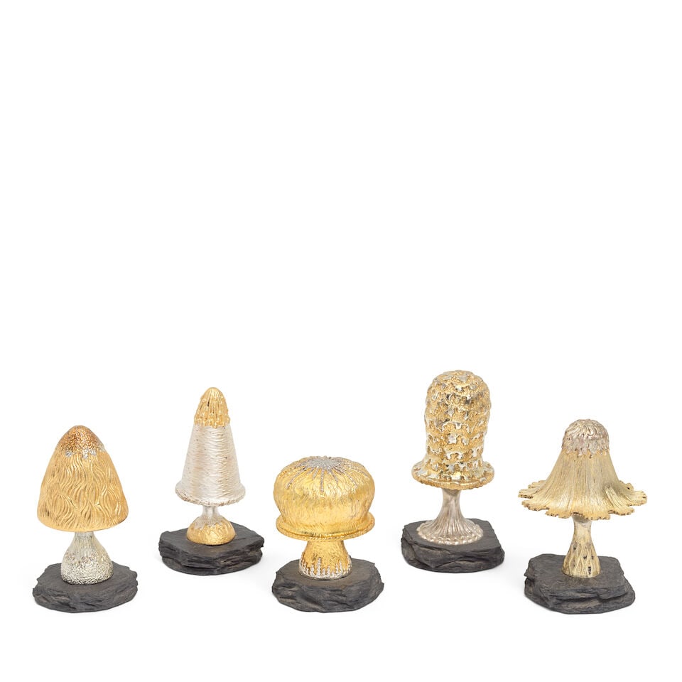 CHRISTOPHER NIGEL LAWRENCE: A collection of five silver and silver-gilt novelty surprise mushro... (1 of 2)