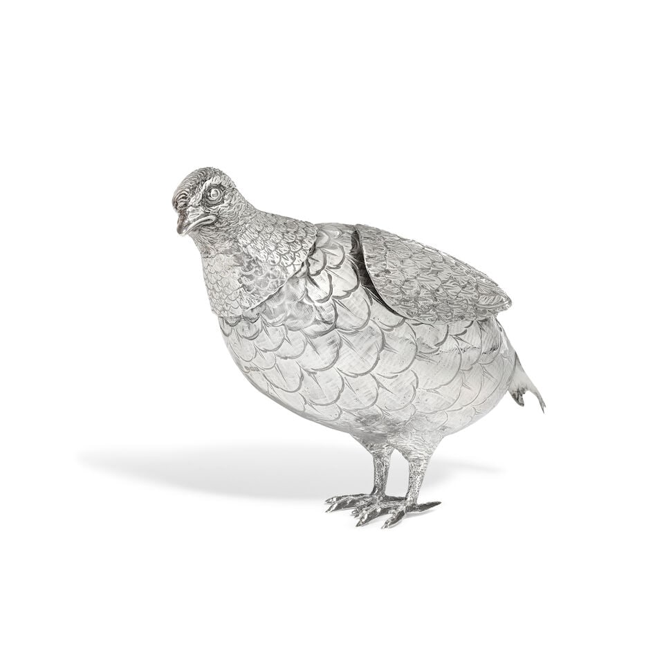 A German silver model of a grouse Berthold Muller, Neresheimer, Hanau, import marks for London 1910: A German silver model of a grouse Berthold Muller, Neresheimer, Hanau, import marks for London 1910 Naturalistically modelled standing, with detachable head and hinged wings, with feather-effect detai
