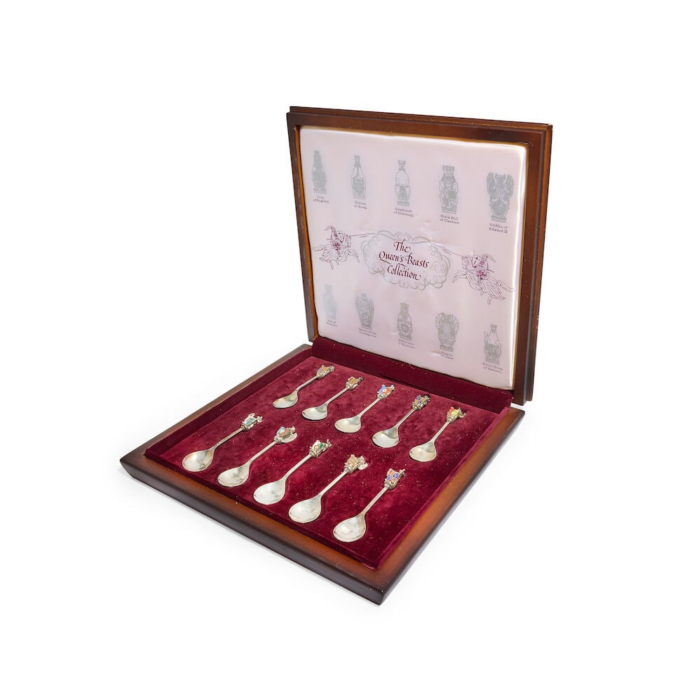 A cased collection of ten silver and enamelled commemorative 'The Queen's Beasts' spoons Toye, K... (1 of 1)