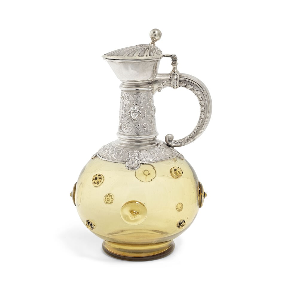 A German silver-mounted glass claret jug incuse stamped H Mau, for Jakob Wilhelm Heinrich Mau, D...: A German silver-mounted glass claret jug incuse stamped H Mau, for Jakob Wilhelm Heinrich Mau, Dresden, also stamped 800 with crown and crescent marks Hinged shallow domed cover with scallop design, b