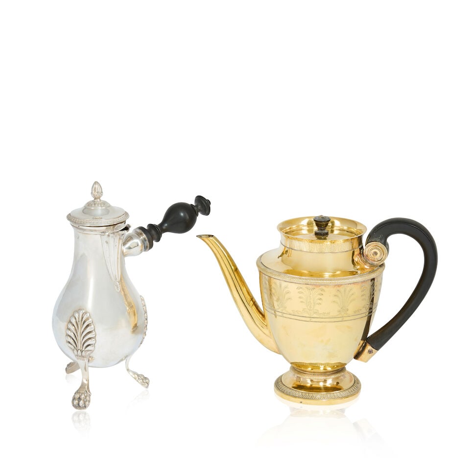 A French silver-gilt tea pot J G Guion, with Paris 1798 - 1809 period marks, circa 1805, togethe...: A French silver-gilt tea pot J G Guion, with Paris 1798 - 1809 period marks, circa 1805, Tapering body with engraved anthemion upper band, waisted shoulders, with lift-off cover, gadroon rim, the circ