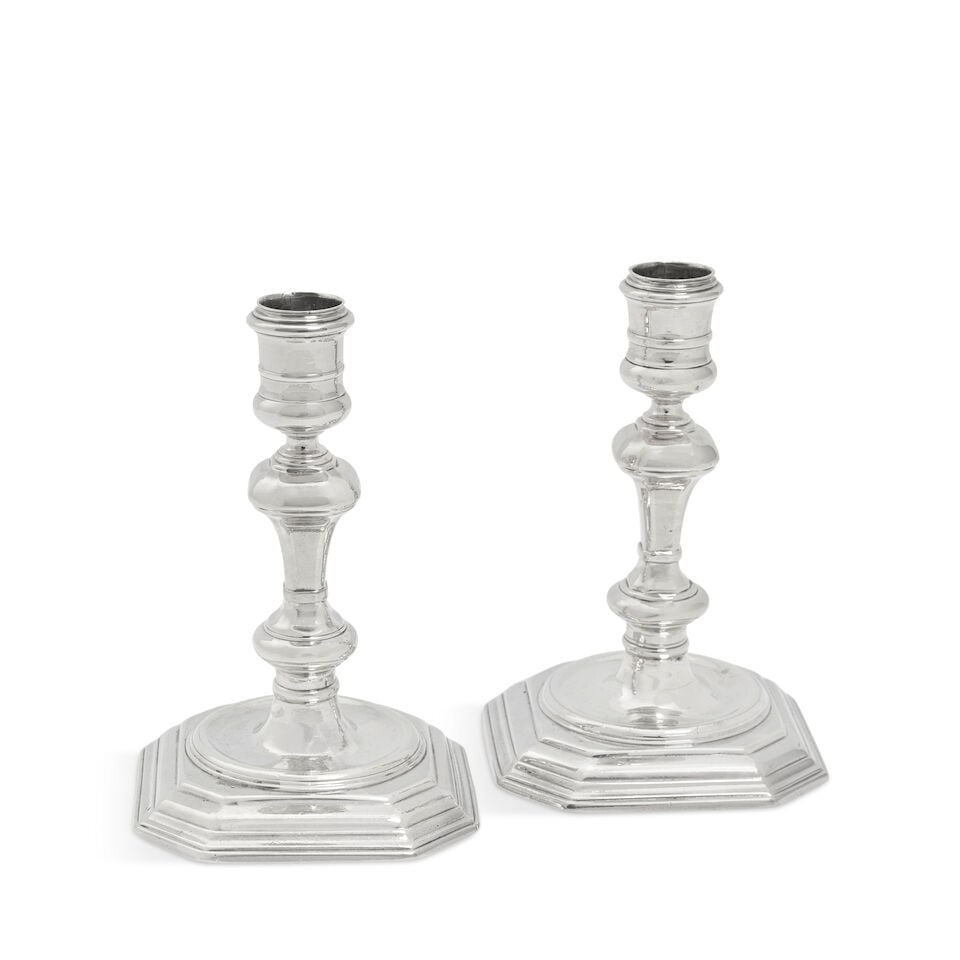 Two George I / George II cast silver candlesticks One for Samuel Margas, London, possibly 1723, ... (1 of 1)