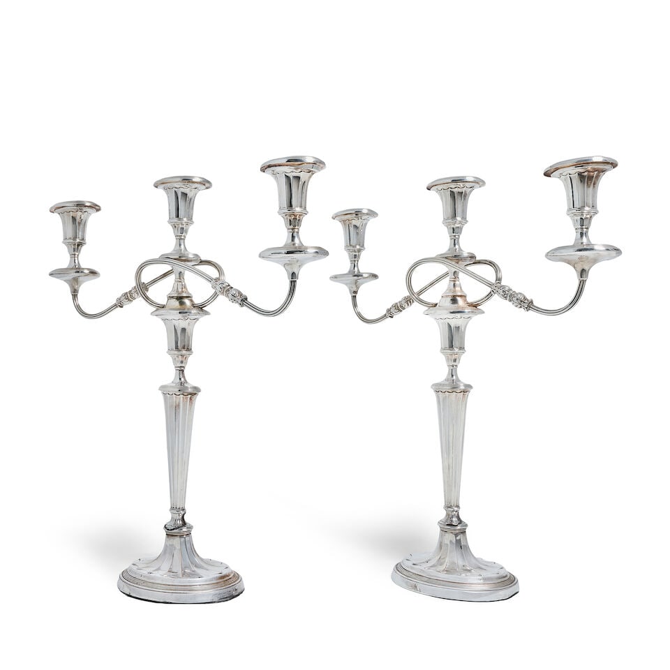 A pair of George III Old Sheffield plate three-light candelabra unmarked, circa 1800 (1 of 1)