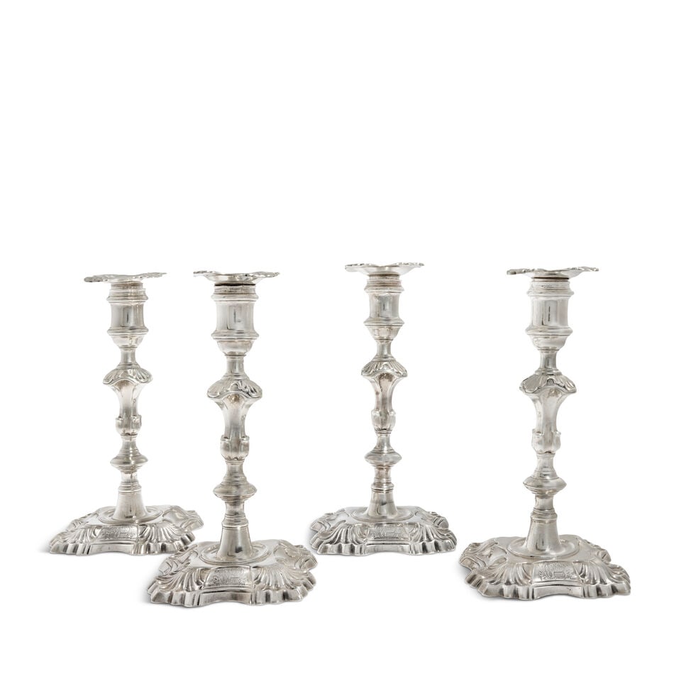Four George II cast silver candlesticks Richard Gosling, London three 1749 one 1750 (4) (1 of 2)
