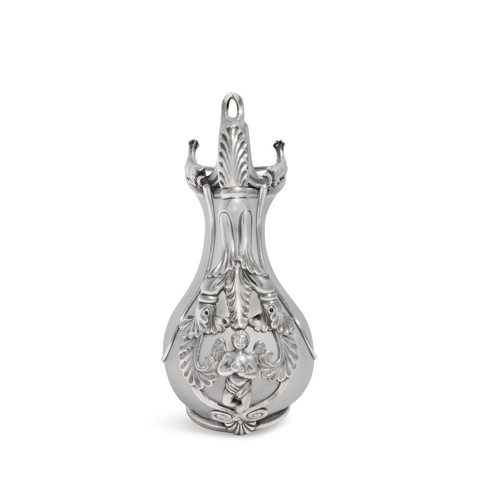 A Victorian silver-mounted frosted glass Askos jug makers mark WE, London 1839 - 4