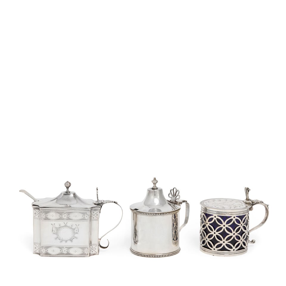 A collection of three George III silver mustard pots (3): A collection of three George III silver mustard pots Comprising: A George III silver mustard pot, maker's mark 'I.B', possibly John Beldon, London 1791, shaped-rectangular form with incurved corners, 