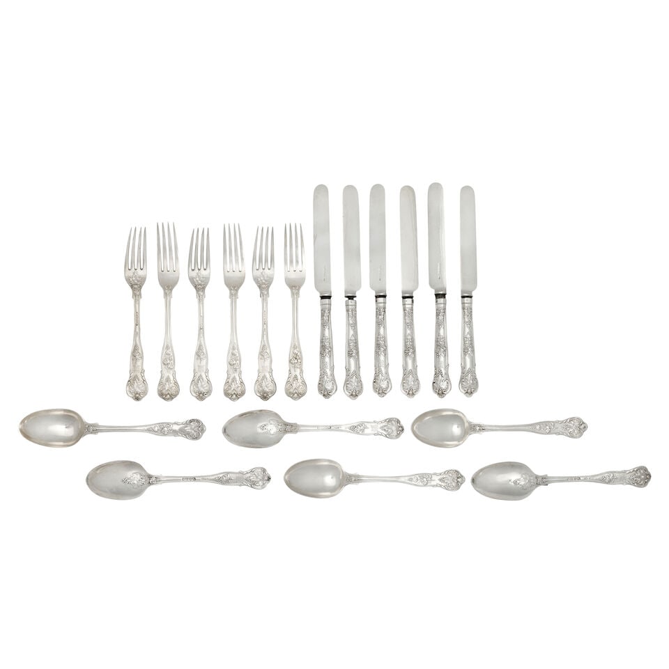 A Victorian eighteen piece silver Bright Vine dessert service George Adams, London 1867 (18): A Victorian eighteen piece silver Bright Vine dessert service George Adams, London 1867 With engraved monogram, placings for six, comprising: dessert forks, dessert spoons and dessert knives, with sil