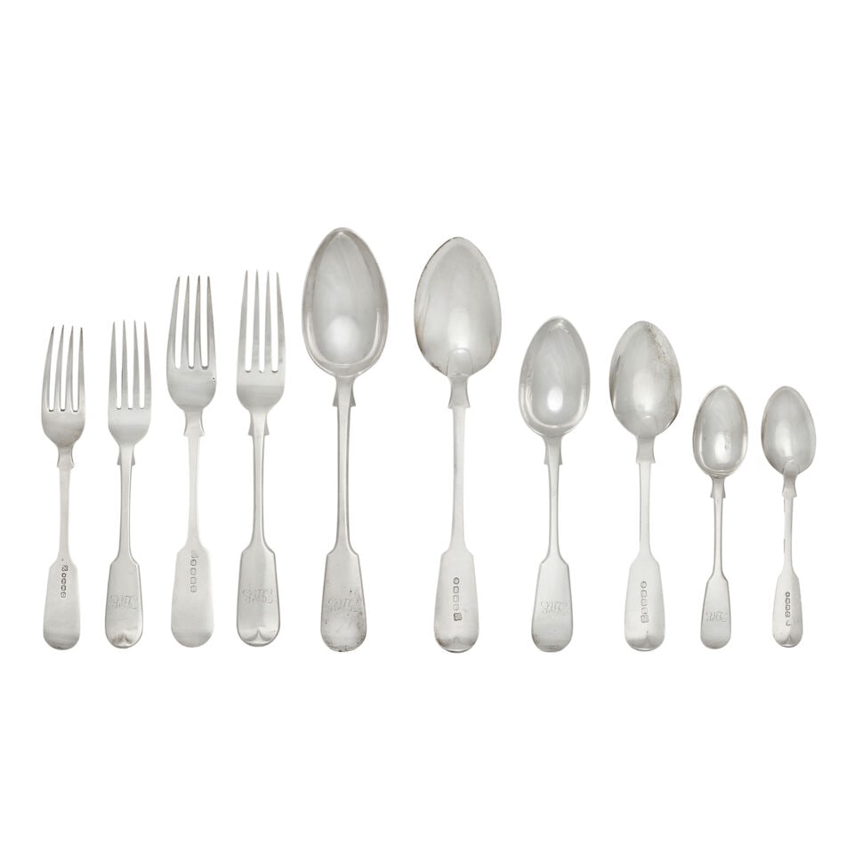 A Victorian provincial silver Fiddle pattern flatware service James & Josiah Williams, Exeter 18...: A Victorian provincial silver Fiddle pattern flatware service James & Josiah Williams, Exeter 1872 With engraved script initials, comprising: twelve table forks, six table spoons, ten dessert forks, e