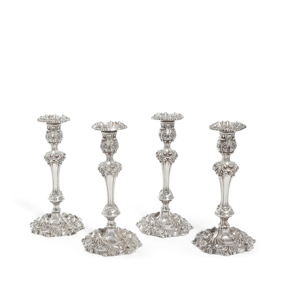 Two pairs of George III silver candlesticks John Watson and Son, Sheffield 1815 and 1816 (1 of 2)