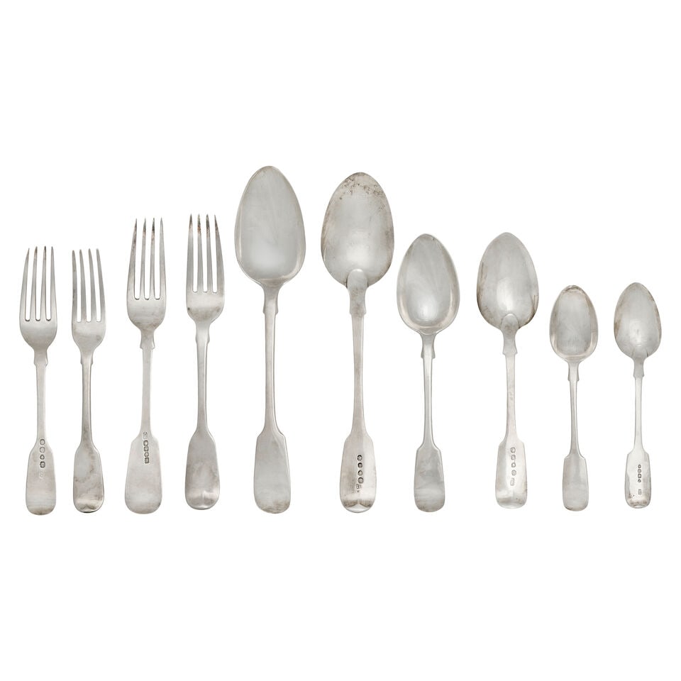 A Victorian silver Fiddle pattern flatware service various maker's and dates (Qty): A Victorian silver Fiddle pattern flatware service various maker's and dates Comprising: twelve table forks, including seven Charles Lias, London 1840, three Elizabeth Eaton, London 1846; six table sp