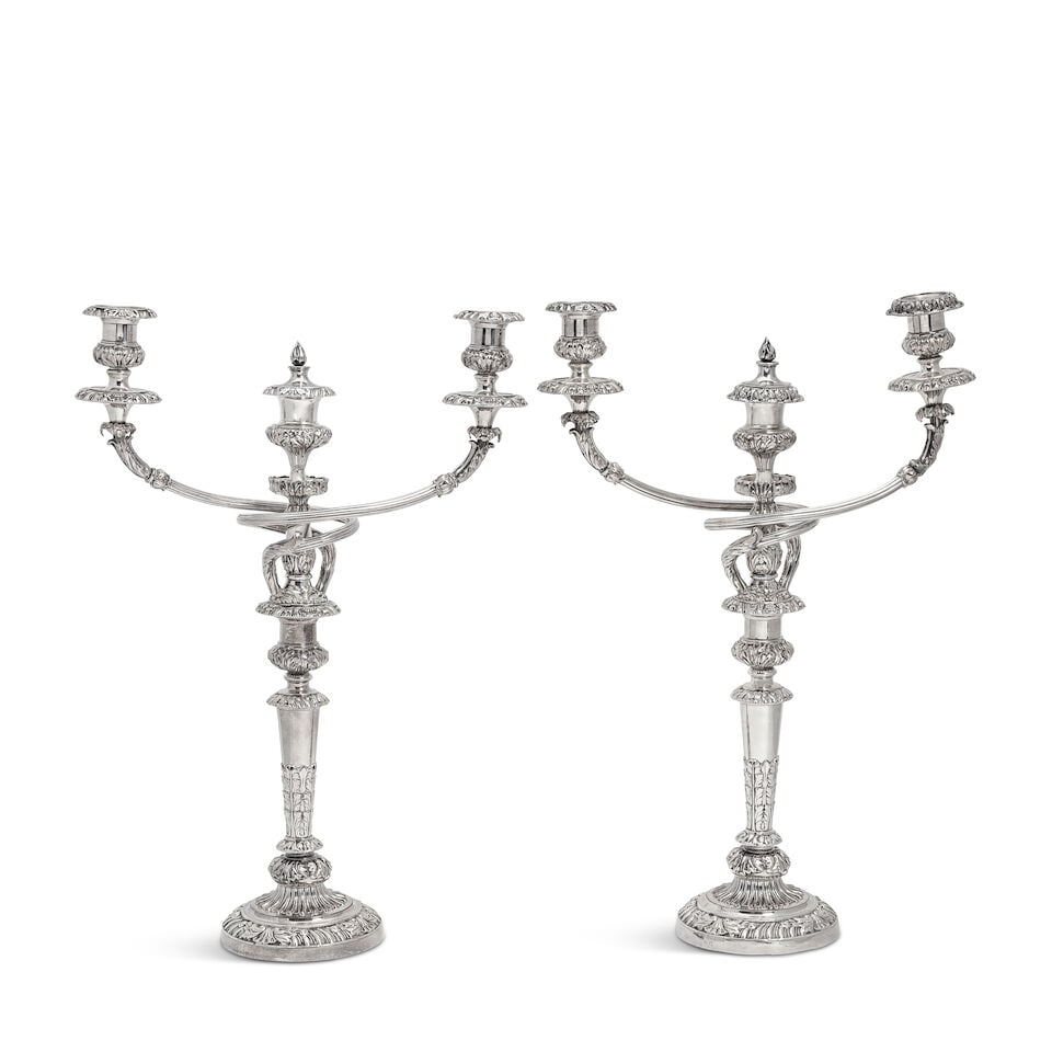 A pair of 19th century Old Sheffield plate three-light candelabra Matthew Boulton & Co, circa 1820 (1 of 1)