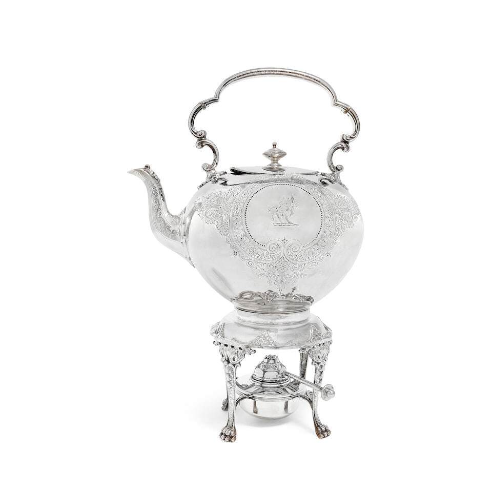 A silver kettle on a matched stand John, Edward, Walter & John Barnard, London 1876, the stand ... (1 of 3)