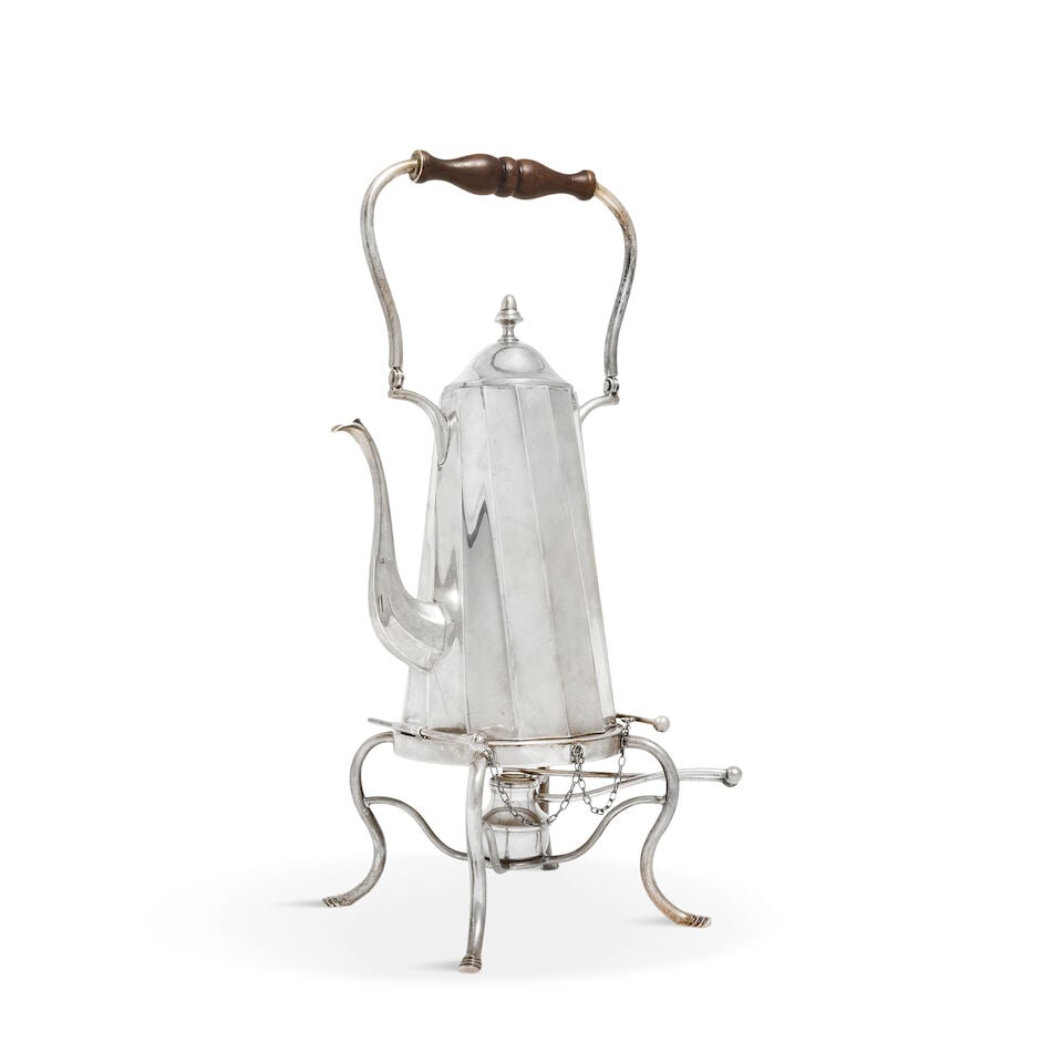 An Italian silver kettle on stand post 1968 marks for Florence, stamped Fatto A Mano, also stam...: An Italian silver kettle on stand post 1968 marks for Florence, stamped Fatto A Mano, also stamped 800 Tapering sides with angled flutes, hinged cover, upright swing-handle with turned wood grip, on a