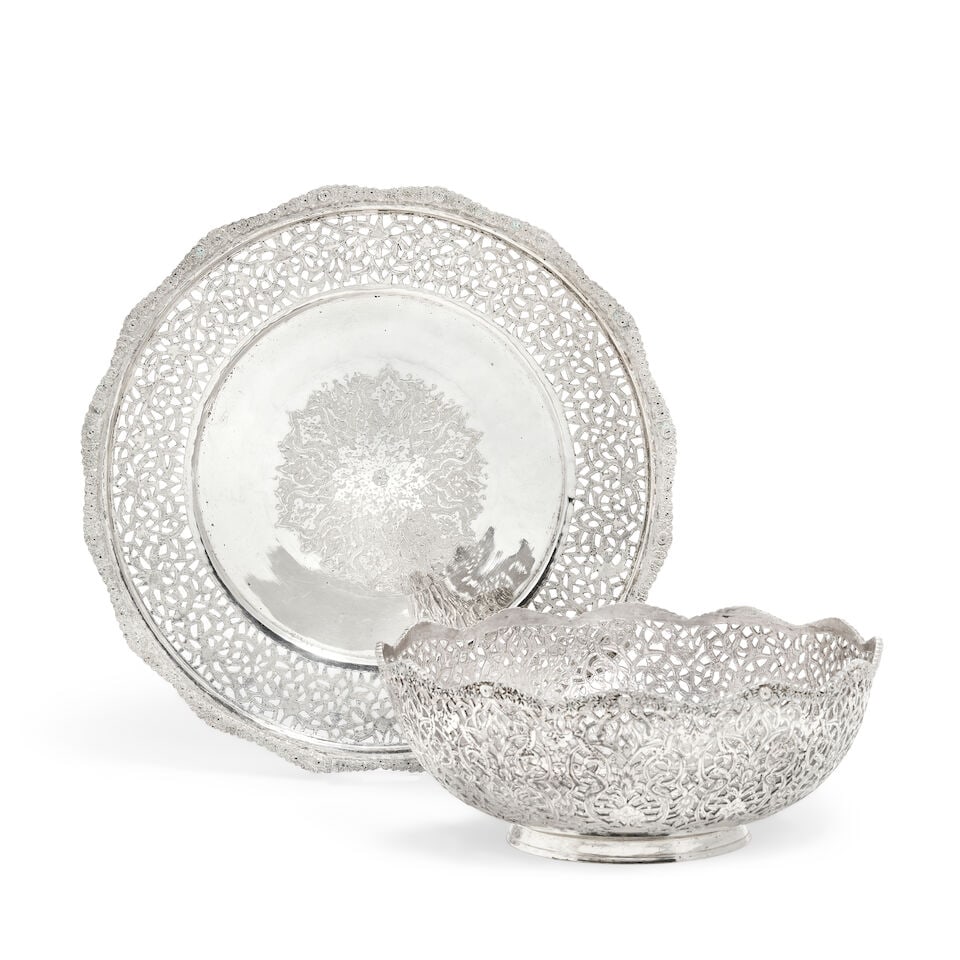 A Middle Eastern silver bowl and stand indistinct marks, the stand stamped 84 (2) (1 of 2)